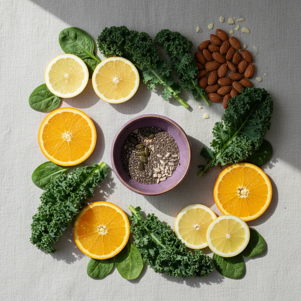 Natürliche Vitaminquellen: Zitrusfrüchte, Blattgemüse, Mandeln, Magnesium-Samen - B-Vitamine Energie Müdigkeit reduzieren